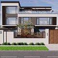 Modern Two Story Detached Villa With Large Windows Roof Terrace Courtyard Greenery And Driveway