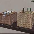 Stylish Wicker Storage Baskets On Dark Shelf With Books Wine Bottles And Green Plant