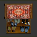 Wooden Shoe Bench With Red Patterned Cushion And Multiple Shelves Storing Various Shoes