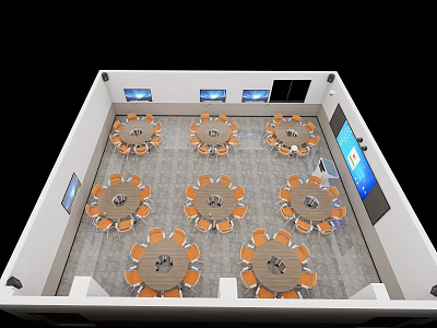 School Multi Purpose Room With Round Tables Orange Chairs And Wall Mounted TV Screens 3d model