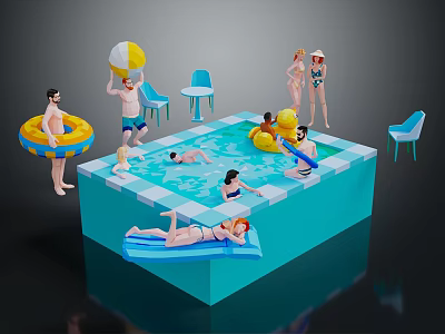 Cartoon Scene With Swimming Pool People Swimming And Relaxing Inflatable Toys And Blue Chairs 3d model