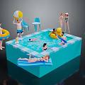 Cartoon Scene With Swimming Pool People Swimming And Relaxing Inflatable Toys And Blue Chairs