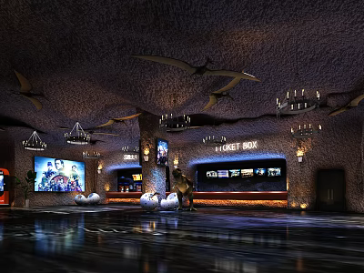 Modern Cinema Interior Design With Chandeliers Movie Posters Screen And Shiny Floor 3d model
