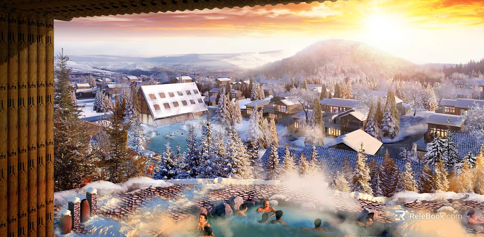 Alpine Mountain Hotel With Snowy Peaks Hot Springs And Wooden Cabins 3d model 