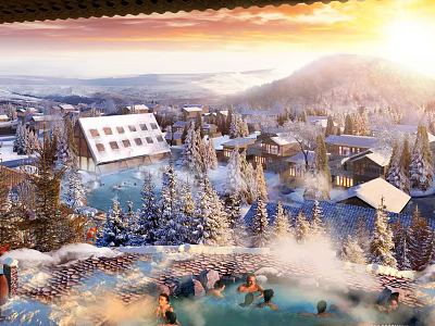 Alpine Mountain Hotel With Snowy Peaks Hot Springs And Wooden Cabins 3d model