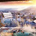 Alpine Mountain Hotel With Snowy Peaks Hot Springs And Wooden Cabins