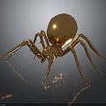 Shiny Golden Spider Sculpture With Metallic Body And Detailed Legs On Reflective Surface