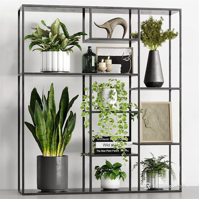 Black Metal Storage Shelf With Green Plants Decorative Items Frames And Books 3d model 