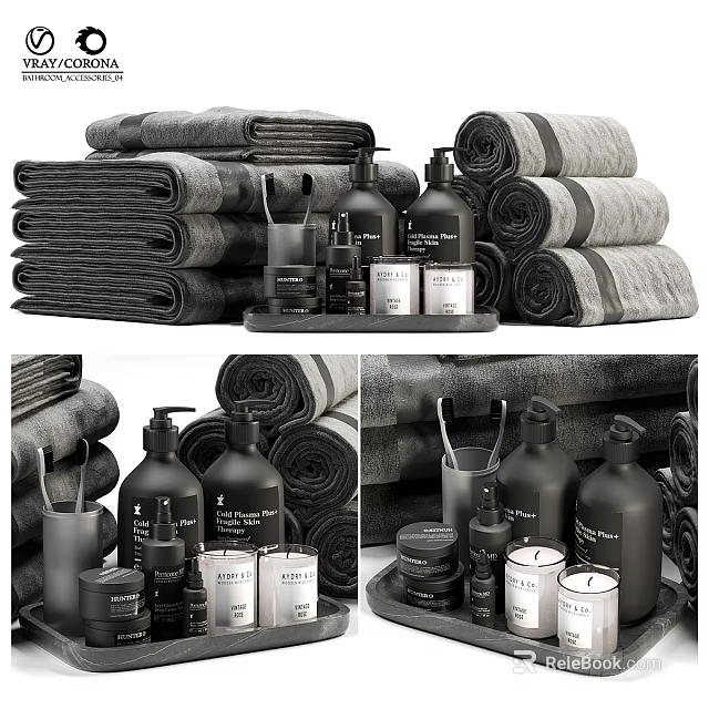 Luxury Bathroom Accessories Collection Including Soft Towels Bottles Candles And Containers 3d model 