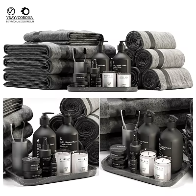 Luxury Bathroom Accessories Collection Including Soft Towels Bottles Candles And Containers 3d model