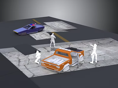Orange Pickup Truck Blue Police Car With White Figurines On Paved Road 3d model