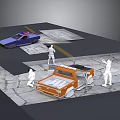 Orange Pickup Truck Blue Police Car With White Figurines On Paved Road