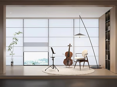 Musical Instrument Interior Featuring Cello Music Stand Chair Floor Lamp And Large Window 3d model