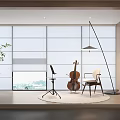 Musical Instrument Interior Featuring Cello Music Stand Chair Floor Lamp And Large Window