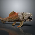 Fantasy Armored Fish Creature 3D Render With Open Mouth And Textured Orange Gray Body