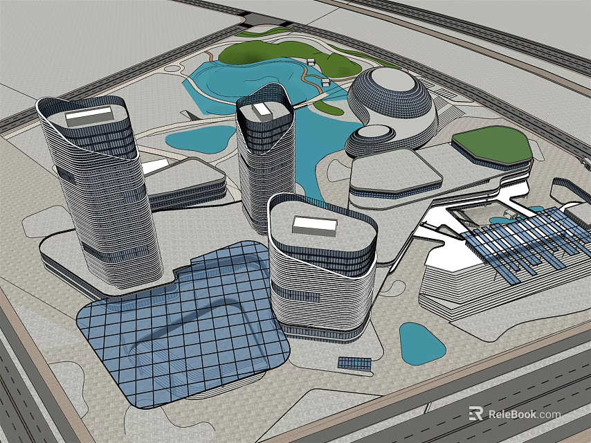 Modern Commercial Complex With High Rise Buildings Water Features And Green Spaces 3d model 