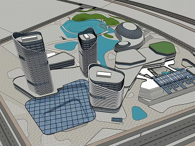 Modern Commercial Complex With High Rise Buildings Water Features And Green Spaces 3d model