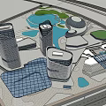 Modern Commercial Complex With High Rise Buildings Water Features And Green Spaces