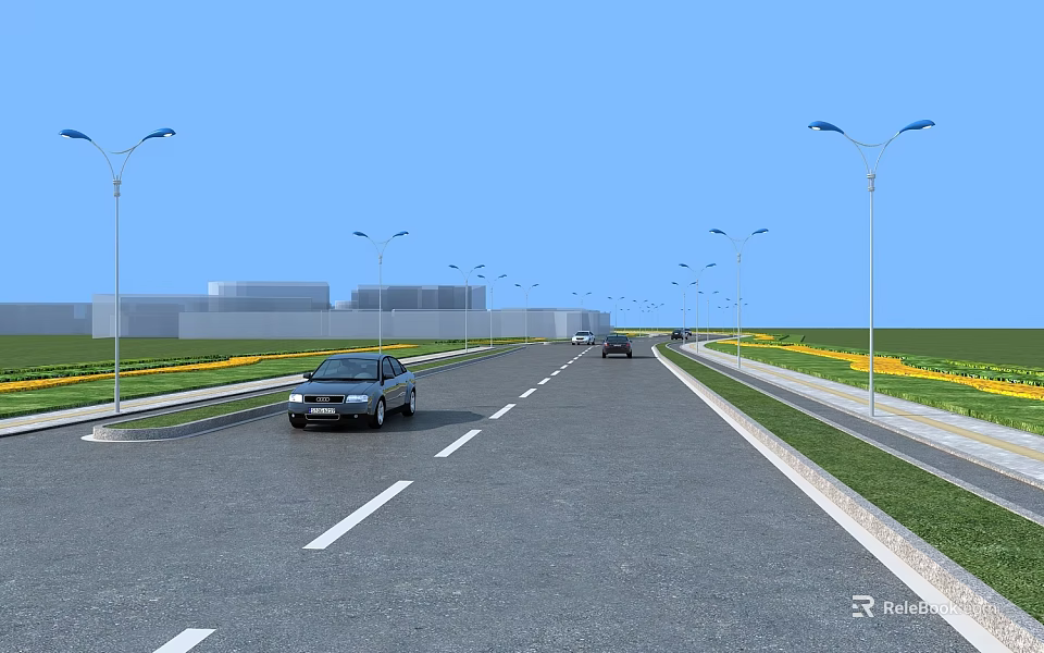 Wide Well Designed Municipal Road With Street Lights Green Belts And Vehicles 3d model 