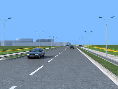 Wide Well Designed Municipal Road With Street Lights Green Belts And Vehicles 3d model