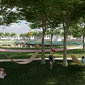 Scenic Park Landscape With Wind Turbines Trees Green Grass Benches And People