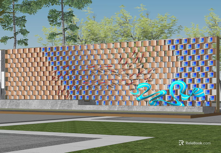 Modern Landscape Feature Wall Design With Brown And Blue Square Panels And Artistic Decorative Patterns 3d model 