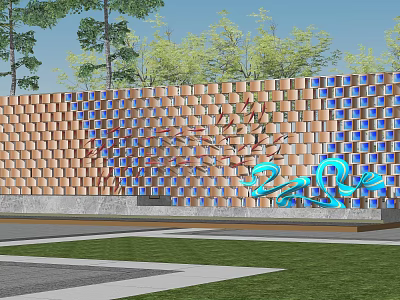 Modern Landscape Feature Wall Design With Brown And Blue Square Panels And Artistic Decorative Patterns 3d model