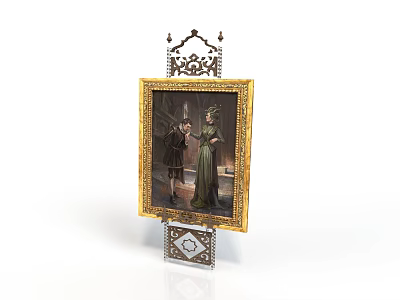 Decorative Golden Frame With Two Figures Inside Ornate Top Structure And Base Featuring Geometric Pattern 3d model