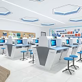 Modern High Tech Laboratory With White Computer Workstations And Blue Stools 3d model