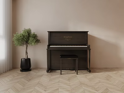 Classic Black Piano With Wooden Stool And Green Plant In Light Wall Herringbone Floor Room 3d model