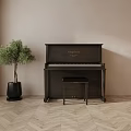 Classic Black Piano With Wooden Stool And Green Plant In Light Wall Herringbone Floor Room