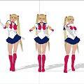 Game Movie Character Blonde Pigtails White Top Blue Skirt Red Bow Red Boots Pink Background