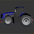 Blue And Black Farm Tractor With Large Wheels Enclosed Cabin And Metallic Body