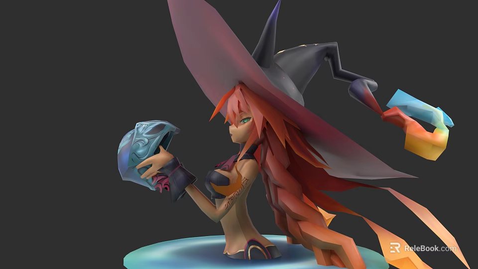 Game Fantasy Character With Long Red Hair And Large Wizard Hat Holding Blue Magical Object 3d model 