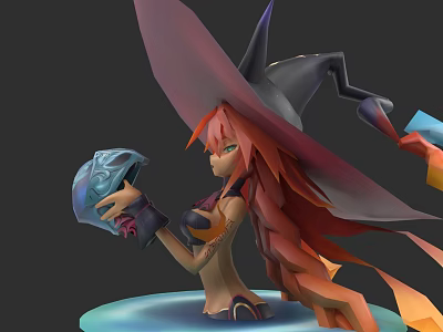 Game Fantasy Character With Long Red Hair And Large Wizard Hat Holding Blue Magical Object 3d model