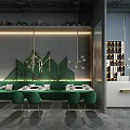 Modern Hot Pot Restaurant Interior Featuring Green Seats Dining Tables Hanging Lamps And Wine Rack