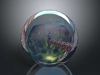 Transparent Sphere Showing Reflected Cityscape With Bridge Person And Sky Light 3d model