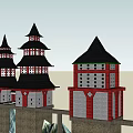 Traditional Ancient Architecture With Three Towers Black Pointed Roofs Red White Walls Mountain Setting