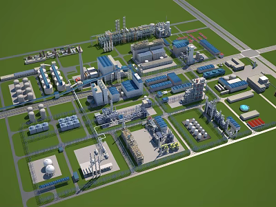 Large Industrial Plant Site With Various Factory Buildings Storage Tanks And Pipeline Systems 3d model