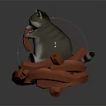 Playful Raccoon With Sausage In Mouth Sitting On Red Geometric Blocks