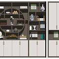 Modern Bookshelf Interior Design With Open Shelves Closed Cabinets Circular Elements And Decorative Vases