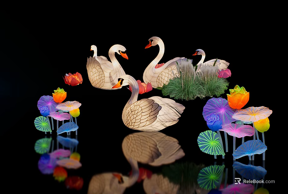 Landscape Sculpture With Illuminated Swans Colorful Flowers Leaves And Reflections 3d model 
