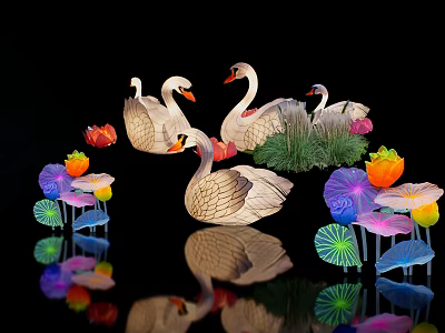 Landscape Sculpture With Illuminated Swans Colorful Flowers Leaves And Reflections 3d model