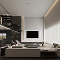 Modern Living and Dining Room Interior with Open Concept Sofa Coffee Table and Staircase