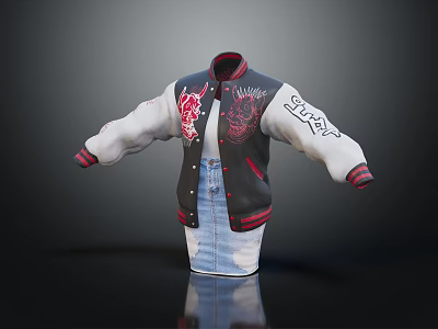 Stylish Black And White Varsity Jacket With Red Accents And Embroidered Details 3d model