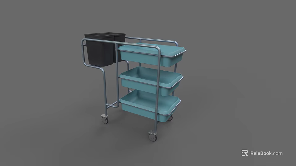 Hospital Ward Medical Cart With Blue Trays And Black Trash Bin On Wheels 3d model 
