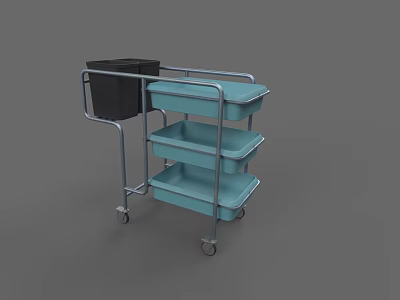 Hospital Ward Medical Cart With Blue Trays And Black Trash Bin On Wheels 3d model