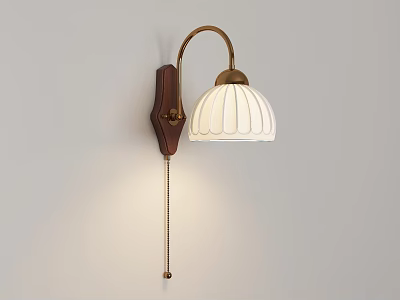 Brass Curved Arm Wall Lamp With Wooden Base And White Striped Shade 3d model
