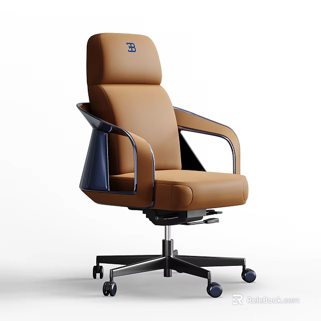 Ergonomic Brown Leather Office Chair With Metal Armrests And Adjustable Swivel Base Wheels 3d model 