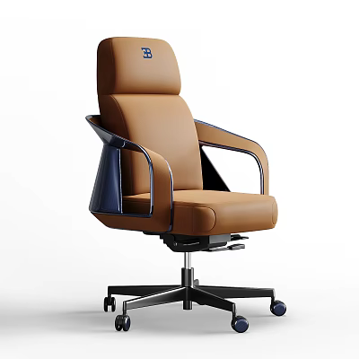 Ergonomic Brown Leather Office Chair With Metal Armrests And Adjustable Swivel Base Wheels 3d model